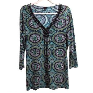 RAFAELLA Women’s Size Medium Printed Top Blouse Embellished Neckline -  NICE!!